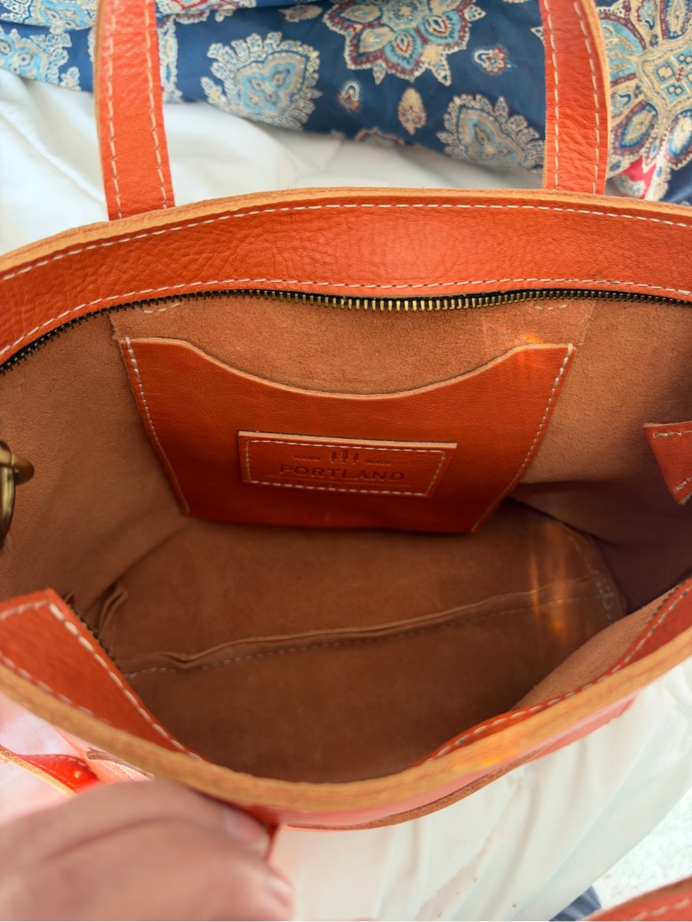 Portland Leather Goods Orange Leather Crossbody Tote Bag Handcrafted - Picture 6 of 6